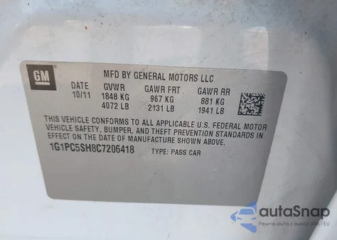 2012 Chevrolet Cruze Ls из США, поврежденный, VIN 1G1PC5SH8C7206418